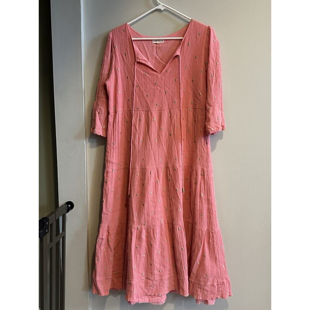 Aspiga Midi Dress Embroidered Hearts Size Medium Pink Boho Cottage Core Raw Hem